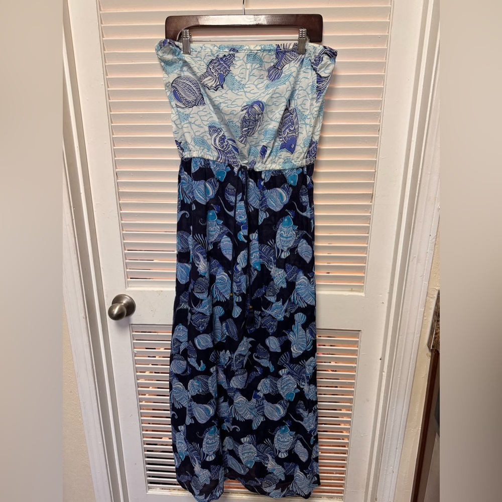 Talbots Blue and White Strapless Dress